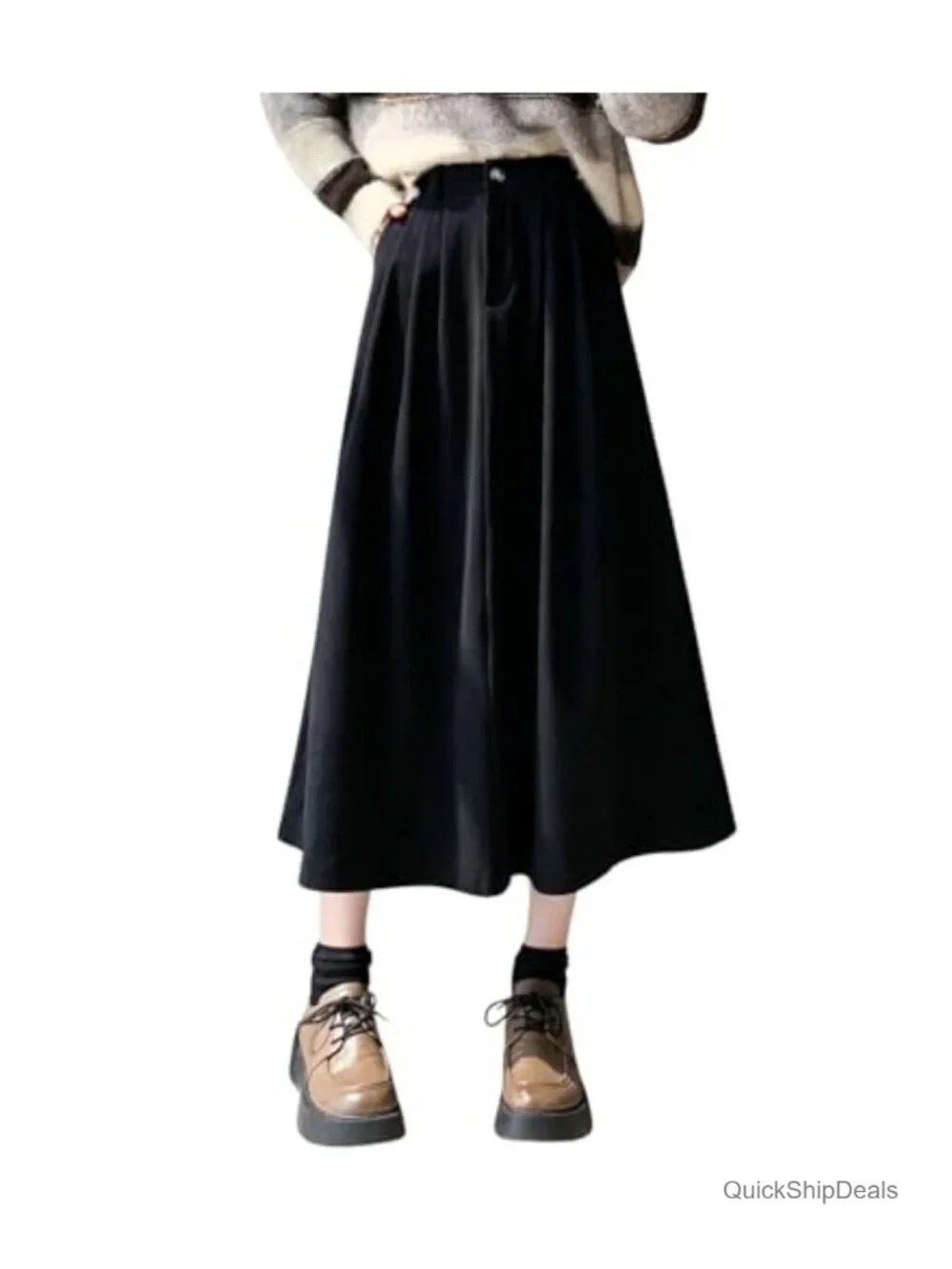 Women's Vintage Corduroy A-Line Skirt High Waist Pleated Midi with Pockets